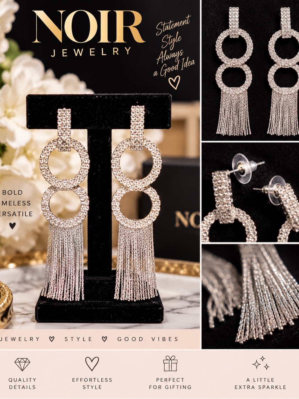 Noir Jewelry Silver Crystal Rhinestone Double Hoop Tassel Statement Earrings
